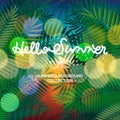 Hello Summer lettering typography on blurred sunset with bokeh lights, vector illustration