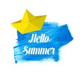 Hello summer lettering on watercolor stain Royalty Free Stock Photo