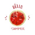 Hello Summer lettering with Watermelon. Hand drawn typography slogan poster print