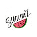 Hello Summer Lettering and watermelon. Summer time postcard. Seasonal lettering. Ink illustration. Modern brush calligraphy. Isola