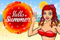 Hello summer lettering and Woman Sitting on Sand of the Sea Beach and Takes Sunbath. Bikini girl on the sea beach. Summer pinup vi Royalty Free Stock Photo