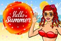 Hello summer lettering and Woman Sitting on Sand of the Sea Beach and Takes Sunbath. Bikini girl on the sea beach. Summer pinup vi Royalty Free Stock Photo
