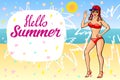 Hello summer lettering and Woman Sitting on Sand of the Sea Beach and Takes Sunbath. Summer time. Summer girl. Summer beach. Royalty Free Stock Photo