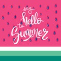 Hello Summer letting hand writing quote. Watermelon vector pattern background of red watermelon flesh with black seeds Royalty Free Stock Photo