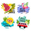 hello summer logo label concepts banner design sun van watermelon flamingo