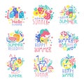 Hello Summer logo template original design set, colorful hand drawn vector Illustrations Royalty Free Stock Photo