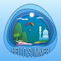 Hello summer logo template. Yacht at sea, palm trees, mountain, mosque, paraglider in the sky.