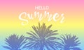 Hello Summer message. Brush Palm Trees card. Concept design for tshirt print, party. Sunset or sunrise with ink palms