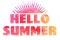 Hello Summer. Modern calligraphic T-shirt design with flat palm trees on bright colorful watercolor background.