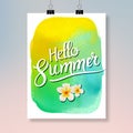 Hello Summer Modern poster design. Colorful summer watercolor flyer or brochure design template