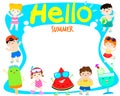 Hello summer multicultural cute kids and fruit template vector