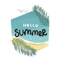 Hello summer, palm and seagull, sea and beach, lettering hand drawing calligraphy, vector Royalty Free Stock Photo