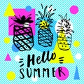 Hello Summer Party. Modern Calligraphic Card On Seamless Abstrac