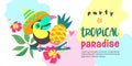 Hello summer. Party tropical Paradise. Vector illustration, invitation to a party with a cute Toucan bird. Royalty Free Stock Photo