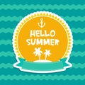 Hello Summer pastel colors card design, banner template ribbon palm island on blue waves sea ocean background, white green orange. Royalty Free Stock Photo