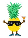 Hello Summer pineapple in sunglasses with cocktail cartoon vector illustration drawn by hand. Hello summer concept, party time