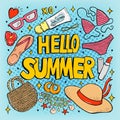 Hello Summer pop art lettering with feminine objects bikini, sunglasses, hat, slides.Bright hand drawn summer poster