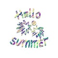 Hello summer post card with colorful lettering, palm trees, sun on white background