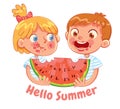 Hello Summer Postcard. Boy and girl eating a slice of watermelon for two