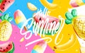 Hello Summer poster, banner in trendy 80s-90s Memphis style. Vector watercolor illustration, lettering and colorful design for Royalty Free Stock Photo