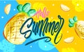 Hello Summer poster, banner in trendy 80s-90s Memphis style. Vector watercolor illustration, lettering and colorful design for Royalty Free Stock Photo