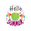 Hello summer poster with a coconut and umbrella and lettering