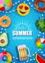 Hello summer poster with colorful inflatables balls, mattresses and rings on pool water background