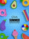 hello summer poster with 3d colorful swimming rings, beach balls and flost rafts on pool water texture