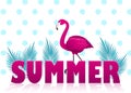 Hello Summer Poster with flamingo and banana leaves. Vector illustration Royalty Free Stock Photo