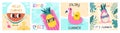 Hello summer poster flamingo and positive fruits cartoon characters. Beach party, cute watermelon lemon and pineapple