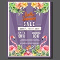 Hello summer poster sale with watercolor flamingo style border