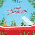 Hello summer poster. Trendy banner presenting summer season with classic retro car and palm leaves against blue sky