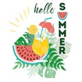 Hello summer Poster with watermelon, monstera tropical leaves cocktail text cute hand drawn banner