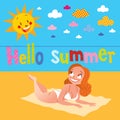 Hello summer pretty girl sunbathing on the beach Royalty Free Stock Photo