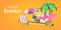 Hello summer promo banner design. Cartoon 3d open travel trolley bag, Tropical palm tree, sun umbrella, swim ring, beach chair,
