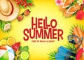 Hello Summer Realistic Vector Banner in Yellow Background with Tropical Elements Like Scuba Diving Equipment