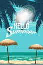 Hello Summer Retro Poster. Tropical resort coast beach, beach straw umbrella, palm, surf, ocean. Summer vacation holiday Royalty Free Stock Photo