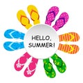 Hello, summer Round banner for your text with colorful flip flop. Vector Royalty Free Stock Photo
