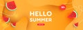 Hello summer sale banner design with tropical leaves and ripe watermelon slices on yellow background with copy space Royalty Free Stock Photo
