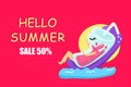 Hello summer sale promotion, glass characters cartoon relaxing vacation seasonal holiday, colorful background vector illustration Royalty Free Stock Photo