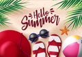 Hello summer in sand background vector design. Hello summer text with beach element like hat, flip flop, beach ball, palm leaves. Royalty Free Stock Photo