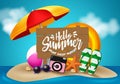 Hello summer in sand island vector design. Hello summer text in wood with beach element like umbrella, camera, flip flop.