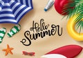 Hello summer in sand vector background design. Hello summer text with beach travel elements like surfboard, hat, floater. Royalty Free Stock Photo