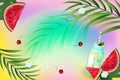 Hello summer. Seamless pattern with watermelons, ice cream, palm branch, ice cubes on colorful years background