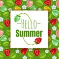 Hello Summer seasonal banner design. Greeting card decorated with frame strawberries fruits on abstract color background Royalty Free Stock Photo