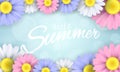 Hello Summer. Seasonal banner. Multicolored flowers on a light blue background. Glare bokeh. Calligraphic text. Vector illustratio Royalty Free Stock Photo