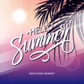 Hello Summer seasonal card with palm leaves, sun and hand drawn lettering.