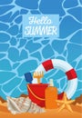 Hello summer seasonal scene with lifeguard float and sandbucket