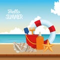 Hello summer seasonal scene with lifeguard float and sandbucket