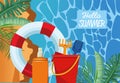 Hello summer seasonal scene with lifeguard float and sandbucket